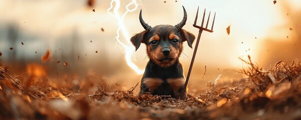 A playful dog poses dramatically with a pitchfork amid swirling leaves and lightning, capturing a whimsical yet fierce spirit.