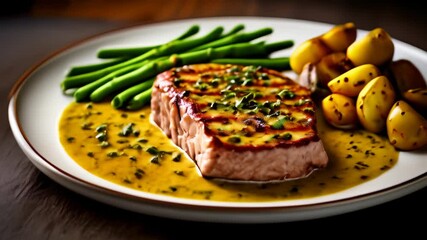 Canvas Print -  Deliciously prepared fish fillet with a creamy sauce accompanied by fresh green beans and roasted potatoes