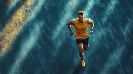 Running man sprinting for success on run Top view athlete runner training at fast speed at asphalt Muscular fit sport model sprinter exercising sprint in yellow sportswear Caucasian fi : Generative AI