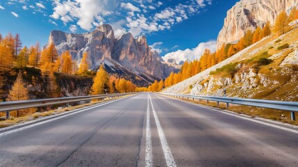 Aufkleber - Road in mountains at sunny day in golden autumn Dolomites Italy Beautiful roadway orange tress high rocks blue sky with clouds Landscape with empty highway through the mountain pass in : Generative AI