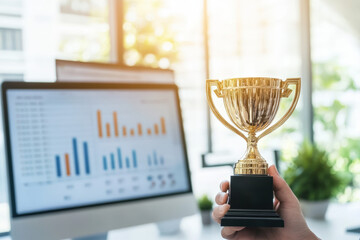 Poster - Businessman holding trophy for business success with graph on computer screen in background