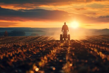 Canvas Print - Silhouetted Farmer Driving Tractor at Sunset