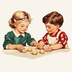 two children engage in a playful activity, shaping dough on a table, representing creativity and chi