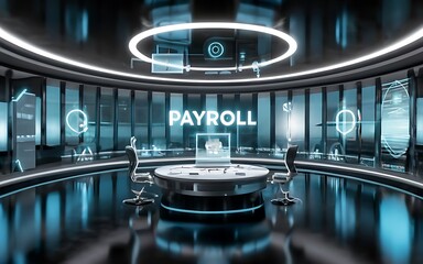 Poster - Futuristic Payroll Management: A futuristic, sleek office setting with a glowing 