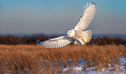 Wall Mural - White snowy owl flies over the ground 