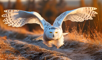Wall Mural - white snowy owl flies over the ground towards the lens
