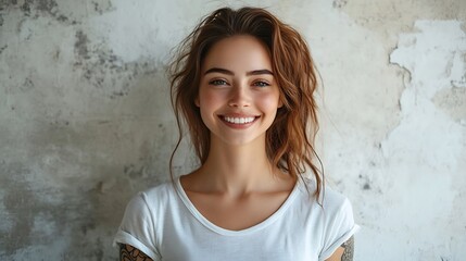 Happy delighted female with positive smile has tattoo smiles broadly dressed in casual clothing isolated over white concrete wall Smiling adorable glad woman rejoices success and havin : Generative AI