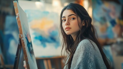 Poster - Young female student having classes at art studio learning how to draw landscapes trying to mix different watercolors on cardboard Concentrated woman with dark hair dressed casually pa : Generative AI