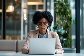 Poster - Young businesswoman is concentrating on her work, typing on a laptop in a bright and modern office environment