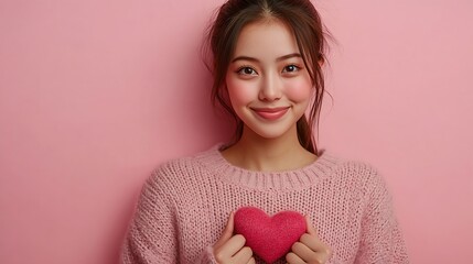 Wall Mural - Attractive brunette young Asian woman feels happy and romantic shapes heart gesture expresses tender feelings wears casual jumper poses against pink background People affection and car : Generative AI