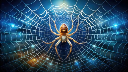 Intricate illustration of a spider in the center of a delicate, symmetrical web, set against a dark blue background with subtle, shimmering highlights.