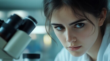 Young woman medical researcher looking through microscop slide in the life science forensics microbiology biochemistry genetics oncology laboratory Medicine concept : Generative AI