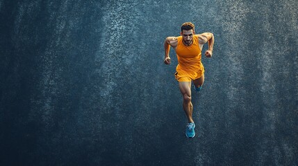 Running man sprinting for success on run Top view athlete runner training at fast speed at asphalt Muscular fit sport model sprinter exercising sprint in yellow sportswear Caucasian fi : Generative AI