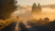© The Little Hut - Fog at sunrise on rural road : Generative AI