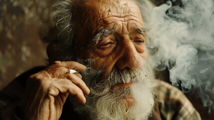 Poster - A close-up of an elderly man smoking, surrounded by swirling smoke, conveying a sense of contemplation and nostalgia.