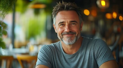 Wall Mural - People and lifestyle concept Happy middleaged unshaven man wearing casual tshirt looking at camera with cheerful smile while having lunch at outdoor cafe sitting against green interior : Generative AI