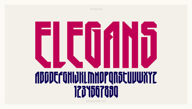 Urban massive tall geometric font for logos and emblems, condensed minimal strong vector typeface, typography with no round elements, only corners and straight lines geometry.