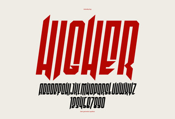 Poster - Sharp and bold gothic font for logo creation of for headlines, edgy geometric modern vector typeface, heavy metal and hard rock style alphabet with numbers, italic and tall condensed version.
