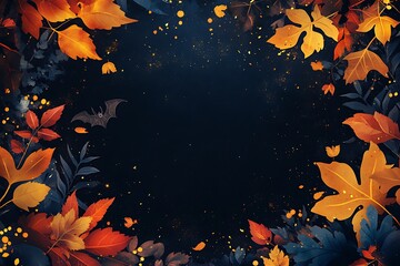 Halloween style wallpaper, black background with gold decoration and large blank space in the center for text, Halloween patterns such as bats and witches on both sides of the frame, glitter 