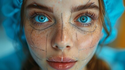 With striking blue eyes and delicate freckles, a young woman prepares for a cosmetic transformation, framed by bright lighting and surgical markings on her face