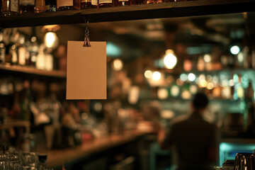 Cozy Night at a Bar with Empty Sign. A cozy bar scene during nighttime with a blurred man in the background and an empty sign hanging in the foreground, creating an inviting and warm ambiance