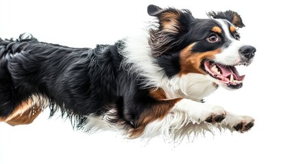 Poster - Cheerful dog in close-up as it jumps from the water, isolated on a stark white background for a vibrant look
