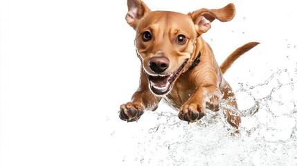 Poster - Cheerful dog in close-up as it jumps from the water, isolated on a stark white background for a vibrant look