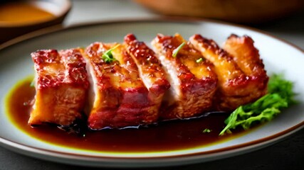 Canvas Print -  Deliciously glazed pork belly ready to be savored