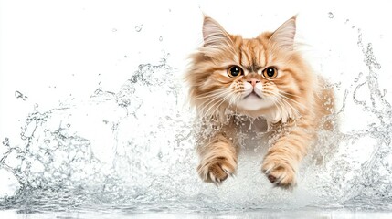 Wall Mural - Close-up of a cheerful Persian cat jumping out of the water, isolated on a pure white background with no people