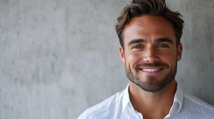 Wall Mural - Headshot of satisfied cheerful handsome man grins at camera glad to find suitable well paid job isolated over white concrete background People positive emotions and facial expressions  : Generative AI