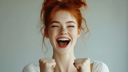 Wall Mural - Caucasian freckled woman with red hair rejoicing her success and victory clenching her fists with joy Lucky woman with hair bun being happy to achieve her aim and goals Positive emotio : Generative AI