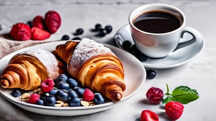 Canvas Print -  Delicious breakfast spread with pastries and fresh berries