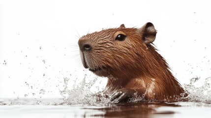 Detailed shot of a joyful capybara splashing out of the water, with a minimalist white background and no people