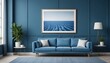 Interior mockup In a white room a blue sofa is placed next to a photo frame on the wall