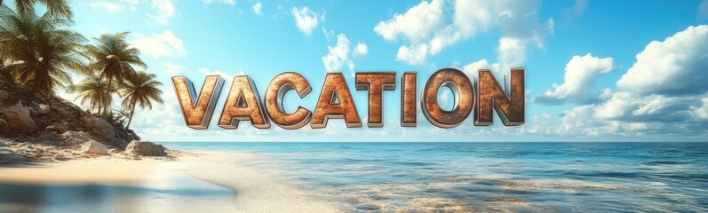 Picture of a beach with a sign that says vacation, travel concept, banner, copy space