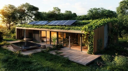 Poster - Modern Eco-Friendly Home with Solar Panels and Green Roof in a Forest Setting