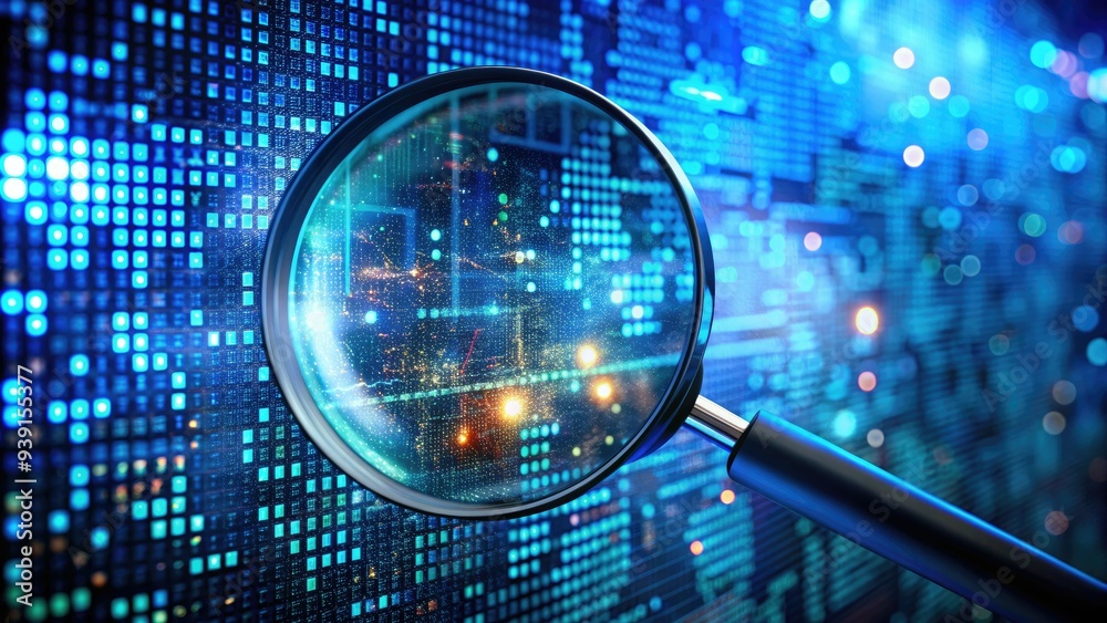 Pixels Magnified Magnifying glass zooms in on a digital screen, revealing tiny pixels ...