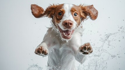 Poster - Happy dog captured in mid-jump out of the water, set against a bright white backdrop to highlight its excitement