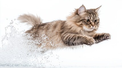 Wall Mural - Happy Persian cat captured mid-air as it leaps from the water, set against a bright white backdrop, no people