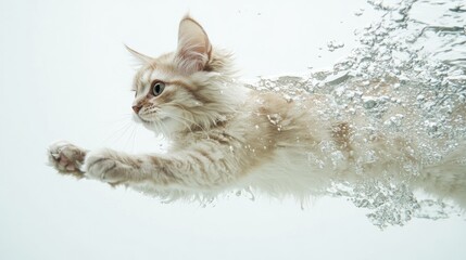 Wall Mural - Happy Persian cat captured mid-air as it leaps from the water, set against a bright white backdrop, no people