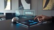 © Sohail - Digital Payroll Management, A close-up shot of a hand interacting with a digital tablet, showcasing a glowing 'PAYROLL' icon and related financial data. The image evokes a sense of modern.