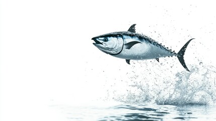 isolated tuna jumping out of the water with clear white backdrop, showcasing vivid motion