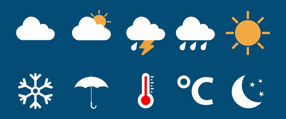 Wall Mural - modern weather icons set. flat vector symbols on blue background.