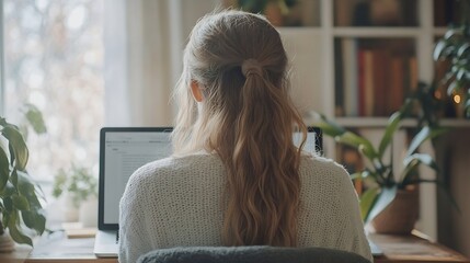 Poster - People lifestyle modern technology and communication concept Young Caucasian female writer keyboarding on laptop while working on her new article for online womens magazine View form b : Generative AI