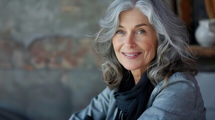 Poster - A smiling older woman with long gray hair, wearing a scarf, sitting in a rustic setting.