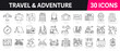 © mi-vector - Travel and Adventure Outline Vector Icon Collection. A set of outline icons related to summer vacation, tourism, hotel, airplane, trip, passport, camping and more. Editable stroke. Vector illustration