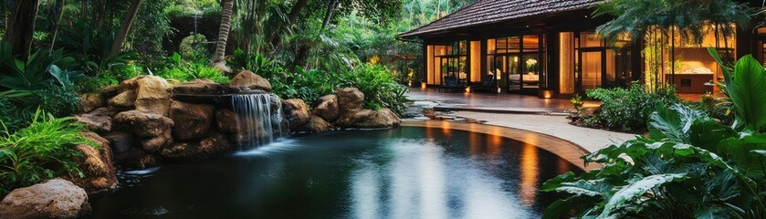 Poster - Serene Tropical Pond and Waterfall with a Luxurious Villa in the Background