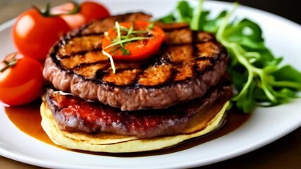 Wall Mural -  Deliciously grilled steak with a side of fresh tomatoes and arugula