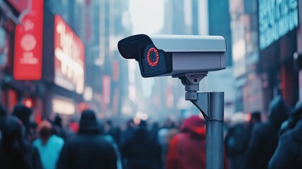 Modern security camera overlooking a public area, ensuring safety and vigilance in a crowded city setting.