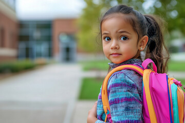 A young girl wearing a backpack is standing in front of a building